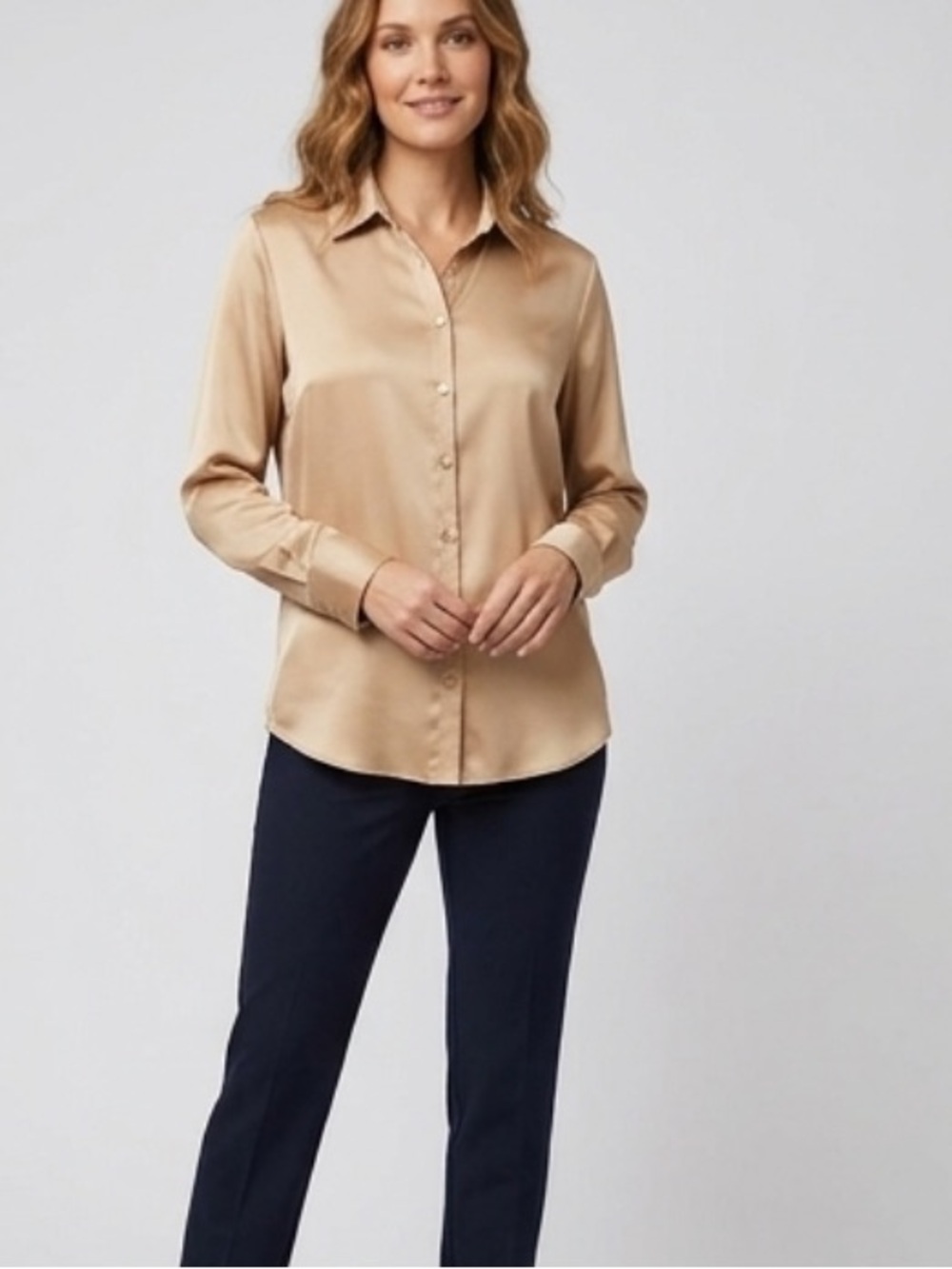 McLaughlin Denver Blouse Satin Silky Button Down Top Gold Champagne L NWT FLAW